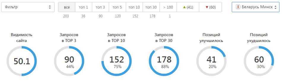 Панель мониторинга позиций в яндексе по региону Беларусь Минск, список 203 запроса
