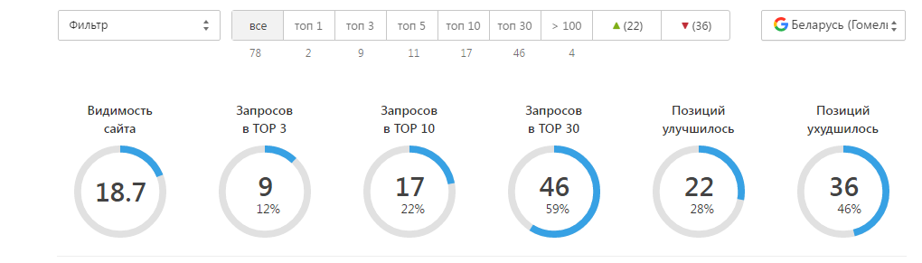 Панель позиций в гугле по тому же городу и тому же списку фраз